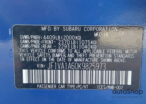 2019 Subaru Wrx from USA, damaged, VIN JF1VA1A60K9825973